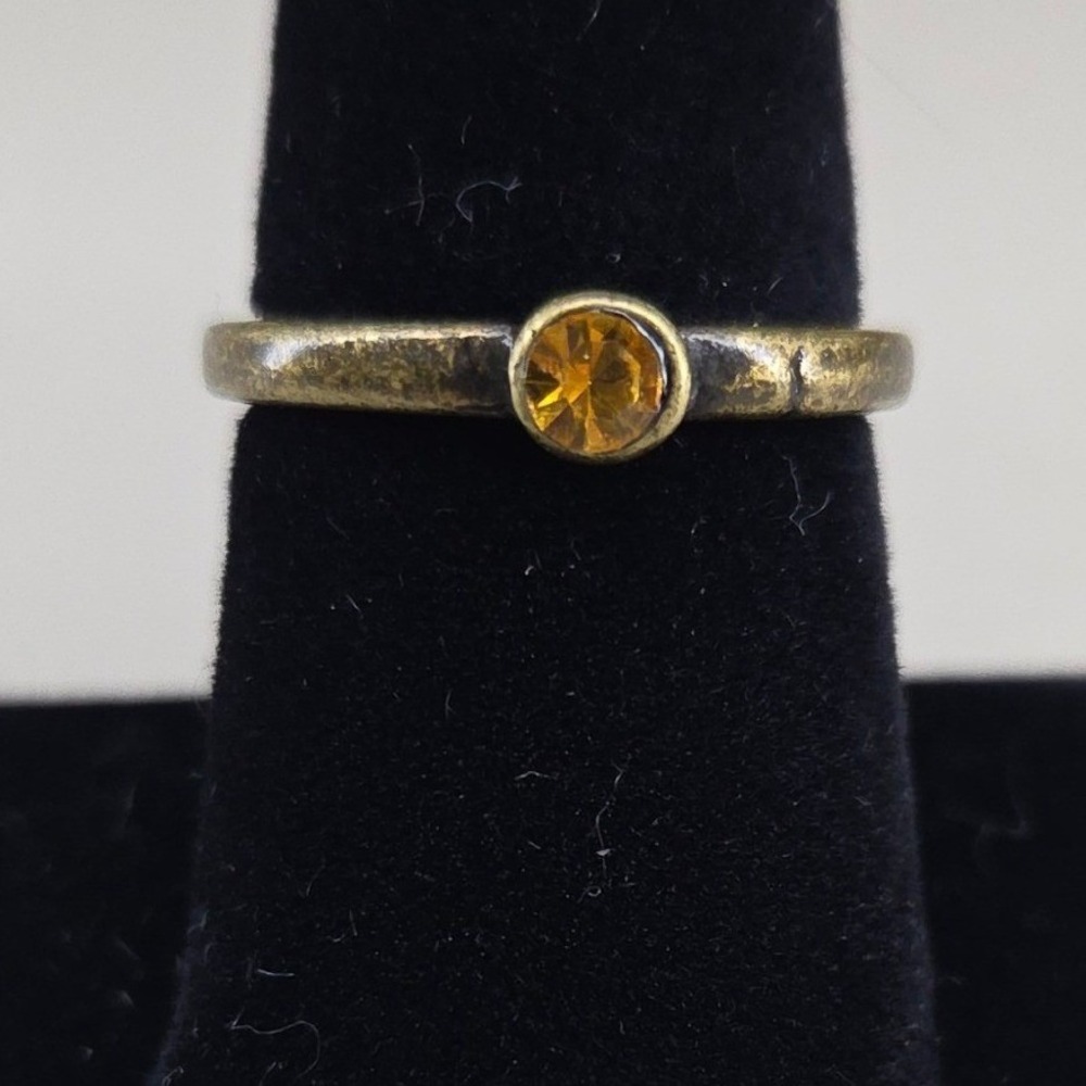 Vintage Style Brass Tone Stacking Ring Amber Crystal Bezel Set Size 8.5
